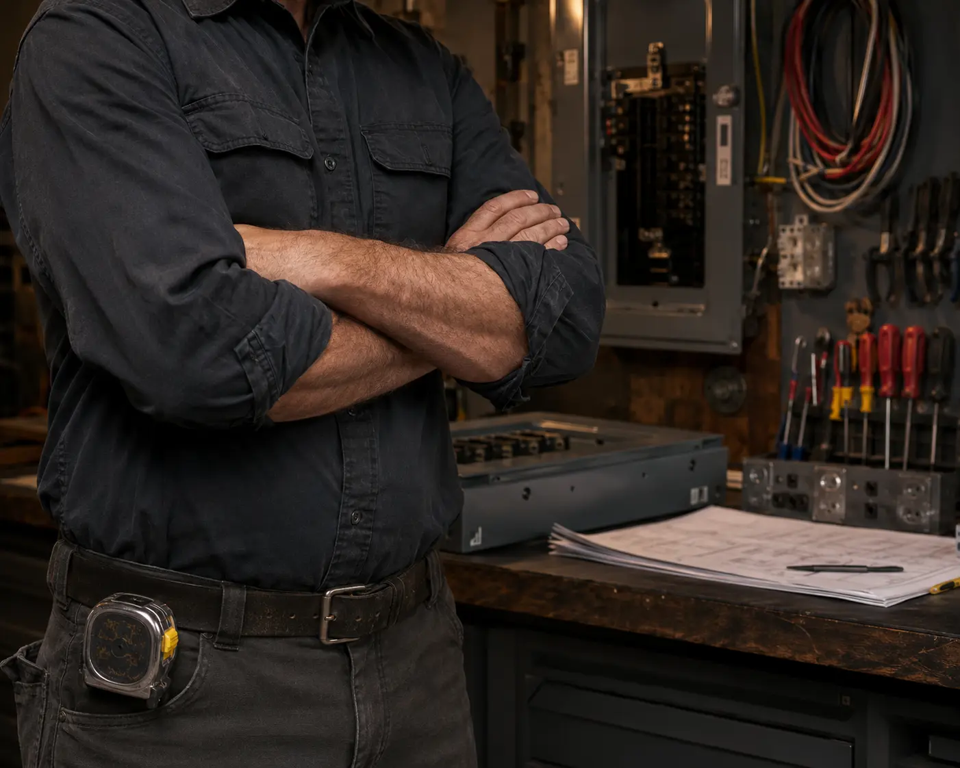 Tradesman standing at a workshop bench, arms crossed, with breaker panels, hand tools, and wiring plans behind him