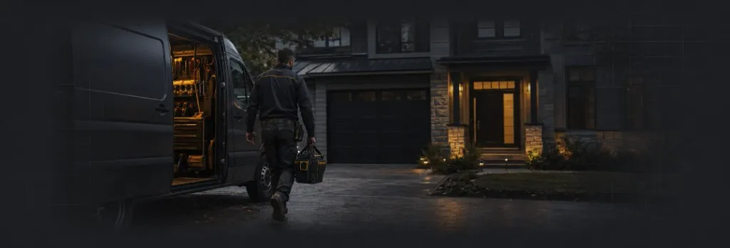 Electrician carrying a tool bag from his open work van toward a lit front door at dusk