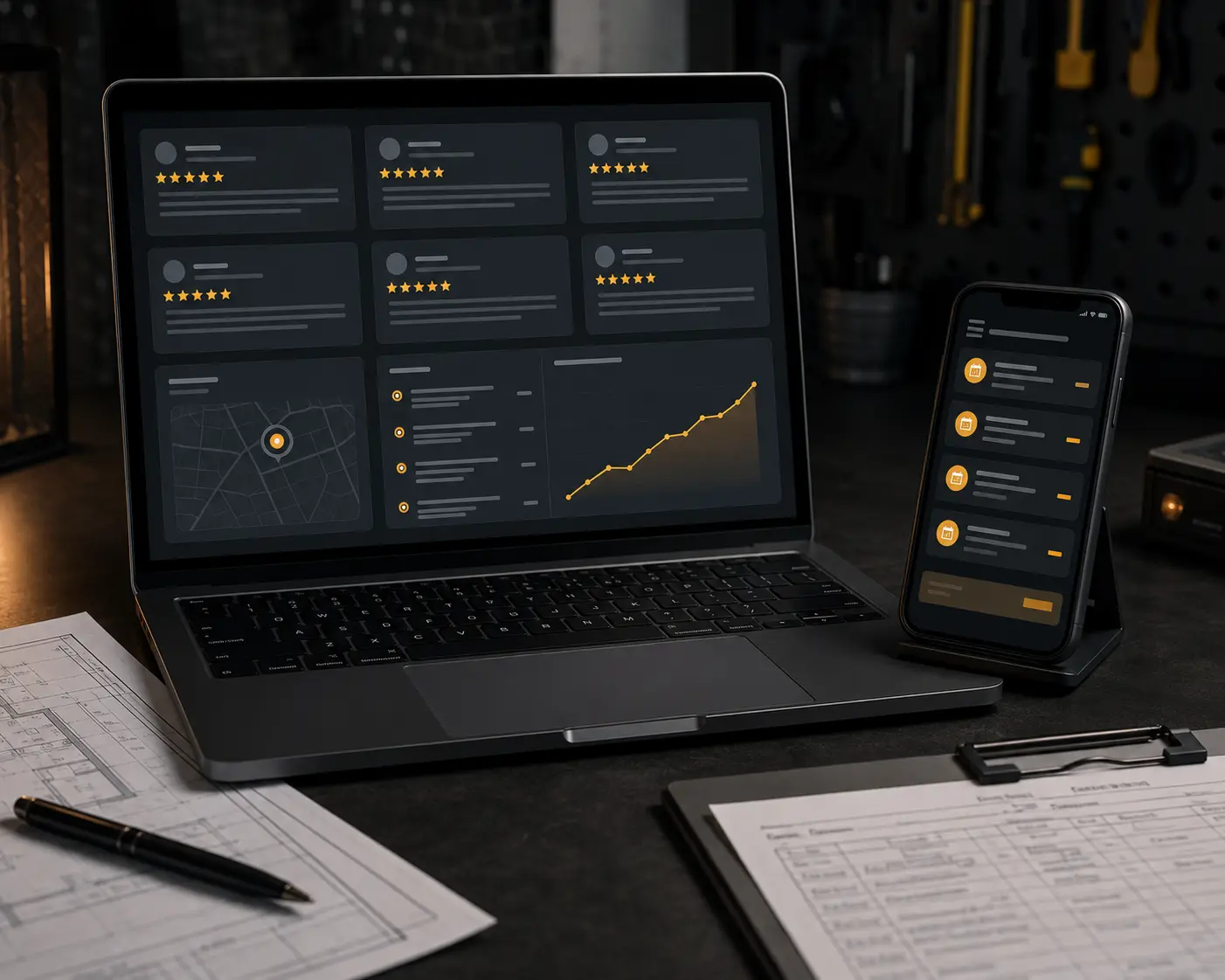 Laptop and phone on a workshop bench showing dashboards of five-star reviews, rankings, and a rising booked-jobs chart