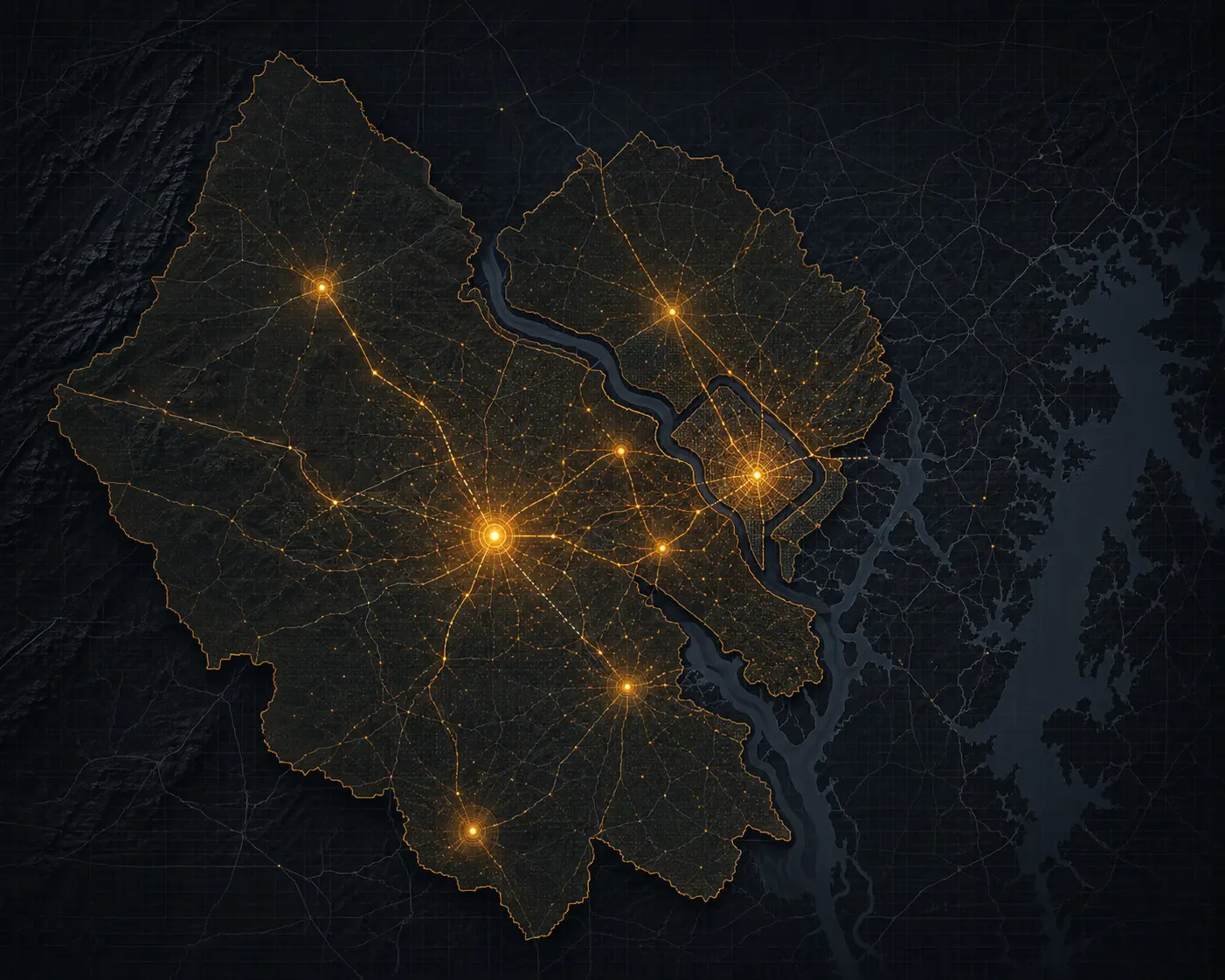 Stylized night map of the Loadside coverage area — Northern Virginia counties, Washington DC, and the close-in Maryland suburbs lit in amber